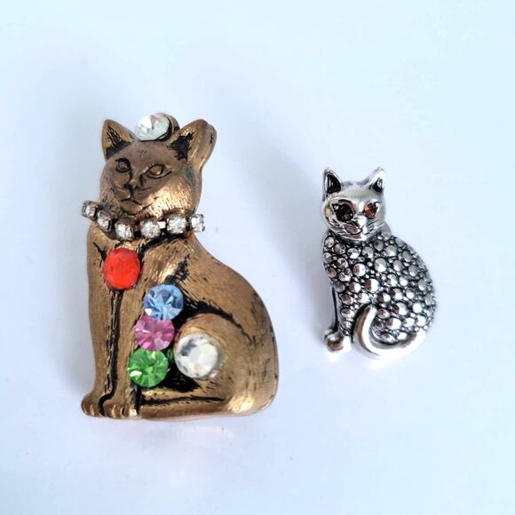 Vintage Small Cat Pins Antique Gold Rhinestone Silver Marcasite Style Set of 2 - Picture 2 of 8